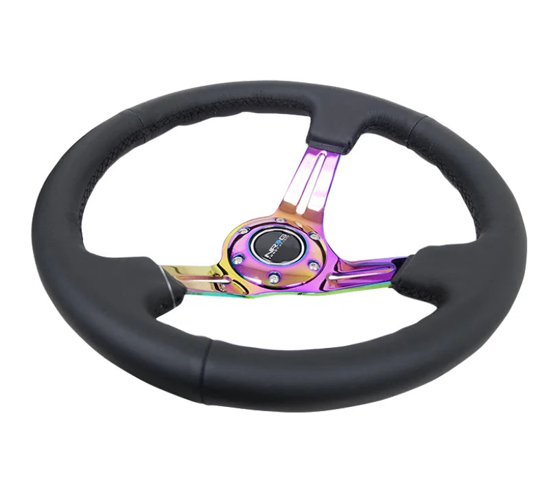 NRG Reinforced Steering Wheel (350mm / 3in. Deep) Blk Leather/Blk Stitch w/Neochrome Slits - Side View