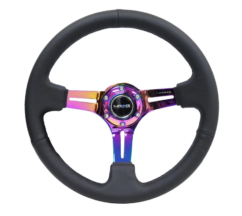 NRG Reinforced Steering Wheel (350mm / 3in. Deep) Blk Leather/Blk Stitch w/Neochrome Slits - Detail View
