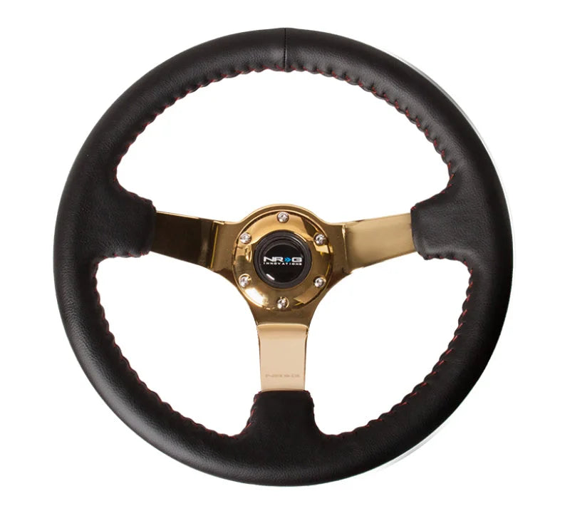 NRG Reinforced Steering Wheel (350mm / 3in. Deep) Blk Leather/Red BBall Stitch w/4mm Gold Spokes - Side View