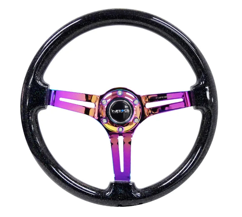 NRG Reinforced Steering Wheel (350mm / 3in. Deep) Blk Multi Color Flake w/ Neochrome Center Mark - Back View