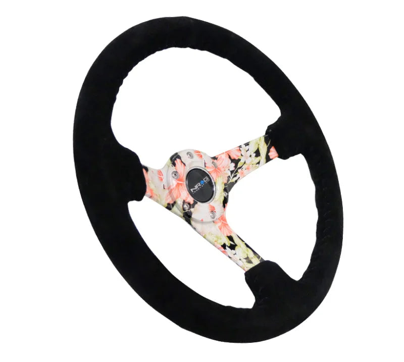 NRG Reinforced Steering Wheel (350mm / 3in. Deep) Blk Suede Floral Dipped w/ Blk Baseball Stitch - Main Product View