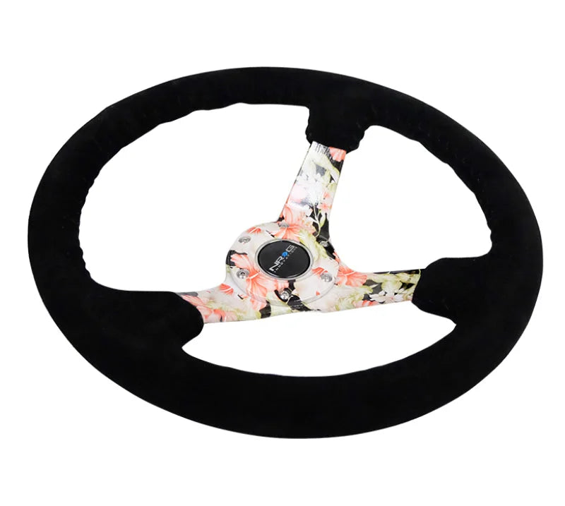 NRG Reinforced Steering Wheel (350mm / 3in. Deep) Blk Suede Floral Dipped w/ Blk Baseball Stitch - Back View