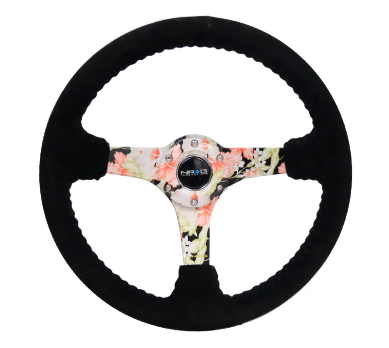 NRG Reinforced Steering Wheel (350mm / 3in. Deep) Blk Suede Floral Dipped w/ Blk Baseball Stitch - Installation View