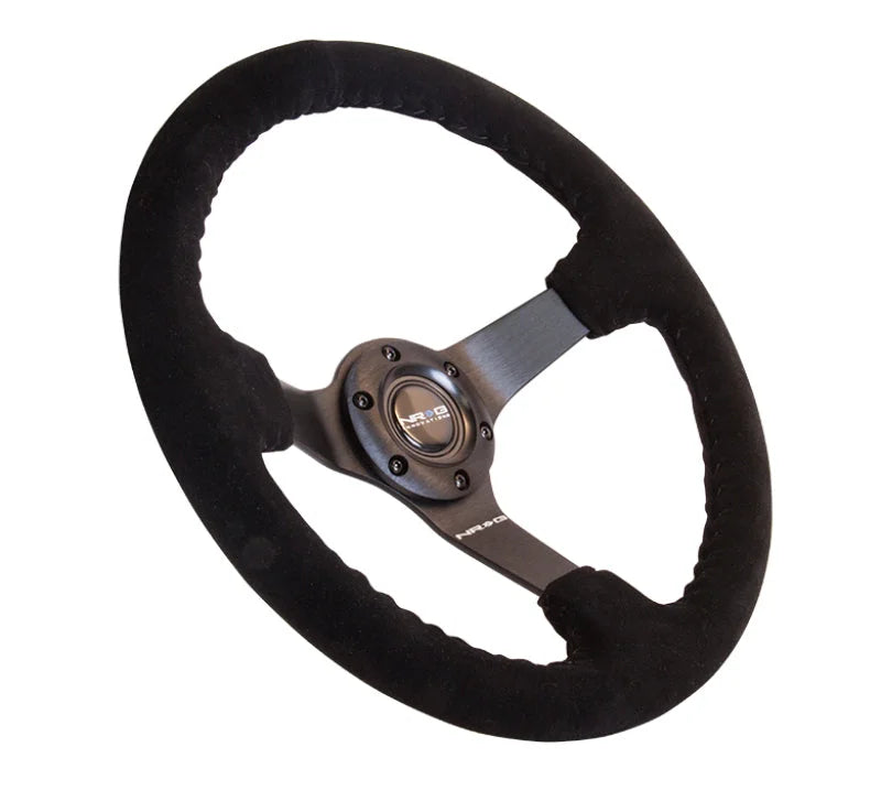 NRG Reinforced Steering Wheel (350mm / 3in. Deep) Blk Suede w/Blk BBall Stitch (Odi Bakchis Edition) - Additional View 5