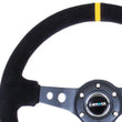 Load image into Gallery viewer, NRG Reinforced Steering Wheel (350mm / 3in. Deep) Blk Suede w/Circle Cut Spokes &amp; Single Yellow CM - Main Product View