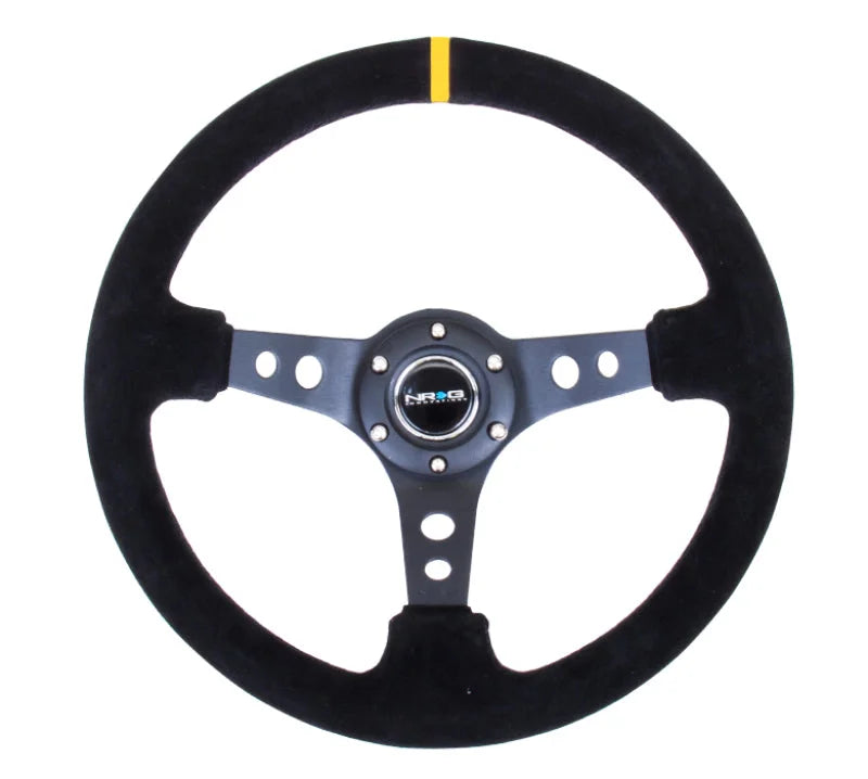 NRG Reinforced Steering Wheel (350mm / 3in. Deep) Blk Suede w/Circle Cut Spokes & Single Yellow CM - Side View