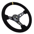 Load image into Gallery viewer, NRG Reinforced Steering Wheel (350mm / 3in. Deep) Blk Suede w/Circle Cut Spokes &amp; Single Yellow CM - Detail View