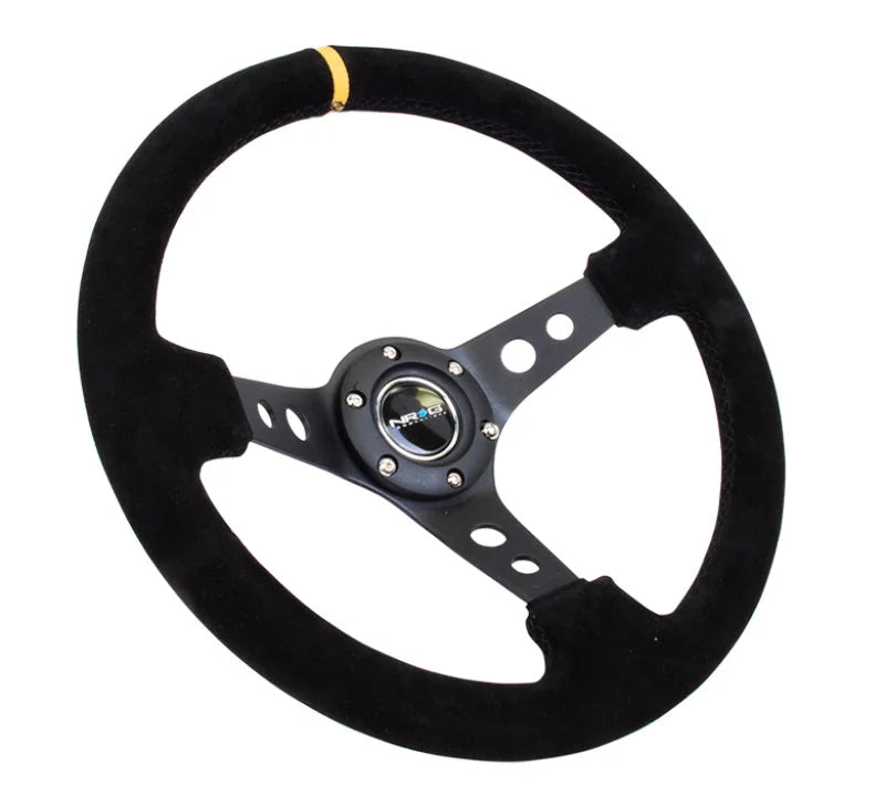 NRG Reinforced Steering Wheel (350mm / 3in. Deep) Blk Suede w/Circle Cut Spokes & Single Yellow CM - Detail View