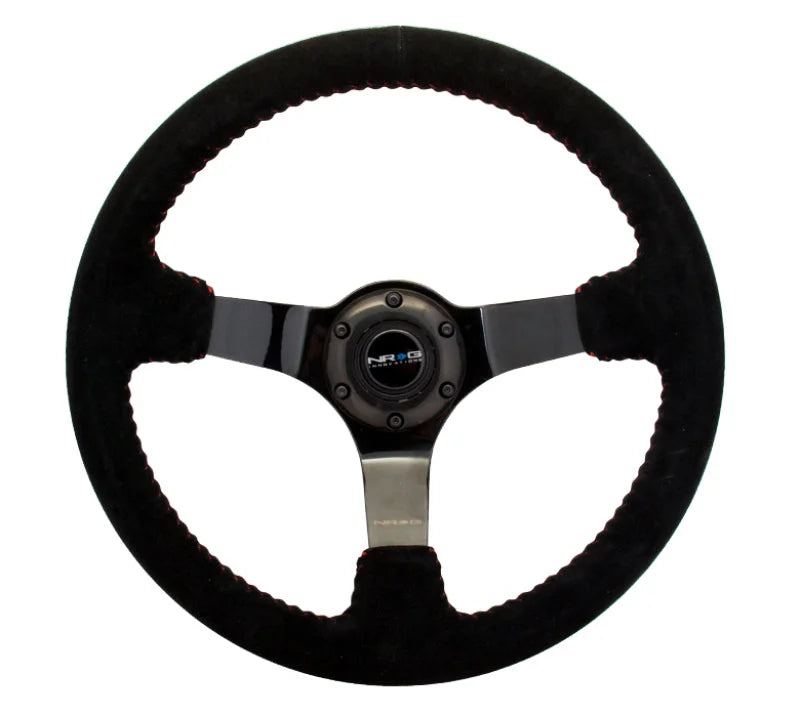 NRG Reinforced Steering Wheel (350mm / 3in. Deep) Blk Suede w/Red BBall Stitch & Black 3-Spoke - Side View