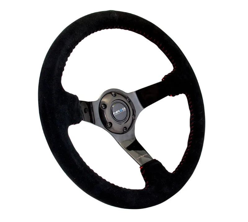 NRG Reinforced Steering Wheel (350mm / 3in. Deep) Blk Suede w/Red BBall Stitch & Black 3-Spoke - Detail View
