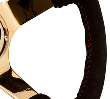 Load image into Gallery viewer, NRG Reinforced Steering Wheel (350mm / 3in. Deep) Blk Suede w/Red BBall Stitch &amp; Chrome Gold 3-Spoke - Main Product View