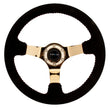 Load image into Gallery viewer, NRG Reinforced Steering Wheel (350mm / 3in. Deep) Blk Suede w/Red BBall Stitch &amp; Chrome Gold 3-Spoke - Side View