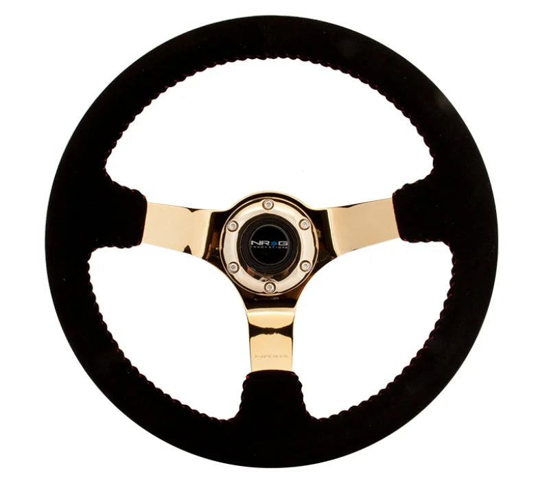 NRG Reinforced Steering Wheel (350mm / 3in. Deep) Blk Suede w/Red BBall Stitch & Chrome Gold 3-Spoke - Side View