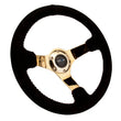 Load image into Gallery viewer, NRG Reinforced Steering Wheel (350mm / 3in. Deep) Blk Suede w/Red BBall Stitch &amp; Chrome Gold 3-Spoke - Detail View