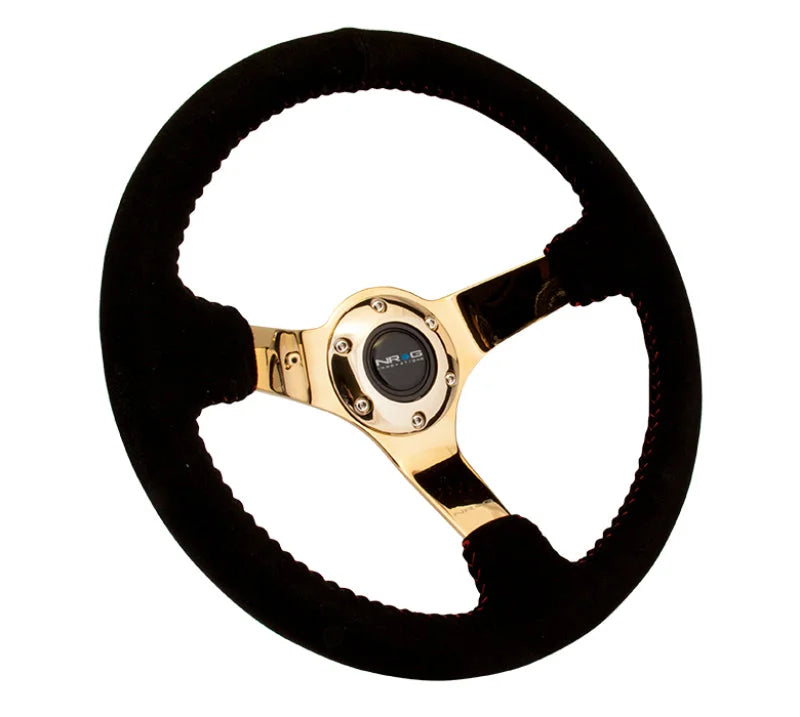 NRG Reinforced Steering Wheel (350mm / 3in. Deep) Blk Suede w/Red BBall Stitch & Chrome Gold 3-Spoke - Detail View