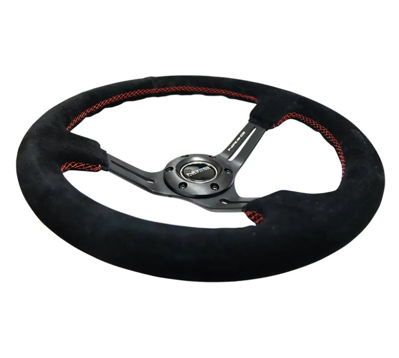 NRG Reinforced Steering Wheel (350mm / 3in. Deep) Blk Suede w/Red Stitching & 5mm Spokes w/Slits - Main Product View