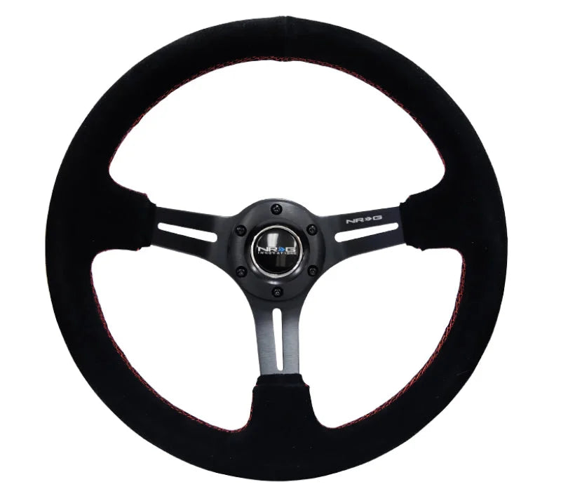 NRG Reinforced Steering Wheel (350mm / 3in. Deep) Blk Suede w/Red Stitching & 5mm Spokes w/Slits - Side View