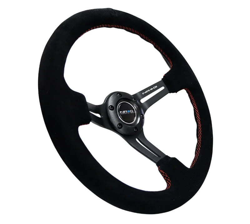 NRG Reinforced Steering Wheel (350mm / 3in. Deep) Blk Suede w/Red Stitching & 5mm Spokes w/Slits - Detail View