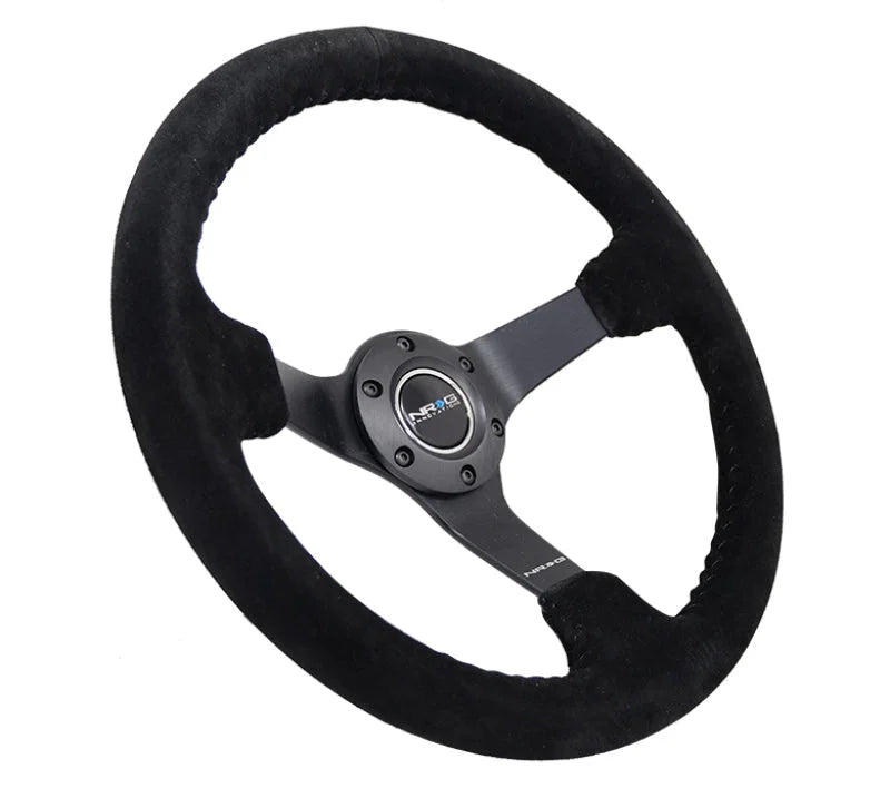 NRG Reinforced Steering Wheel (350mm / 3in. Deep) Blk Suede/Blk Bball Stitch w/5mm Matte Black Spoke - Side View