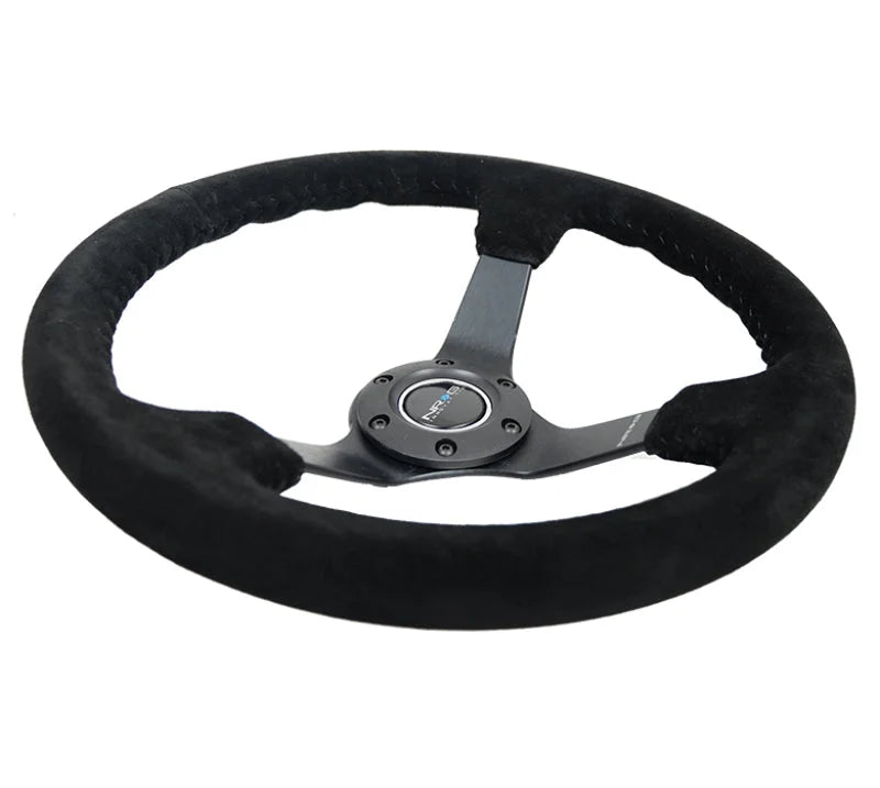 NRG Reinforced Steering Wheel (350mm / 3in. Deep) Blk Suede/Blk Bball Stitch w/5mm Matte Black Spoke - Back View