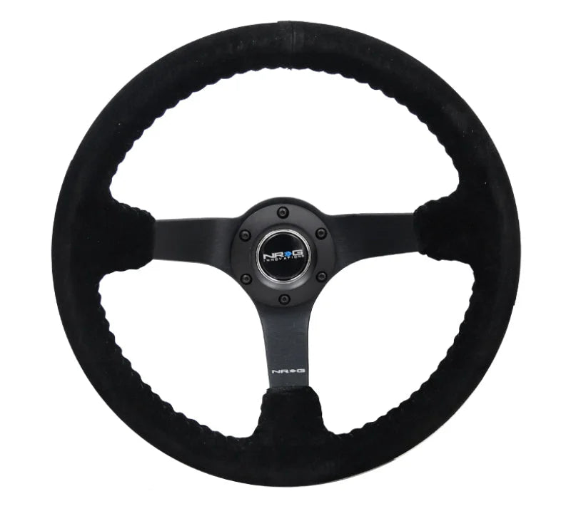 NRG Reinforced Steering Wheel (350mm / 3in. Deep) Blk Suede/Blk Bball Stitch w/5mm Matte Black Spoke - Additional View 5