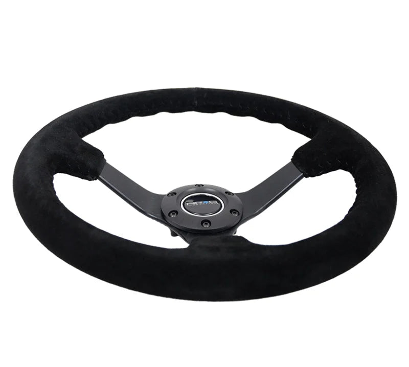 NRG Reinforced Steering Wheel (350mm / 3in. Deep) Blk Suede/Blk Bball Stitch w/5mm Matte Black Spoke - Additional View 6