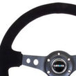 Load image into Gallery viewer, NRG Reinforced Steering Wheel (350mm / 3in. Deep) Blk Suede/Blk Stitch w/Black Circle Cutout Spokes - Side View
