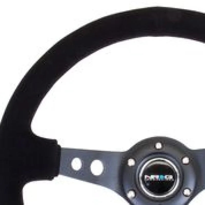 NRG Reinforced Steering Wheel (350mm / 3in. Deep) Blk Suede/Blk Stitch w/Black Circle Cutout Spokes - Side View