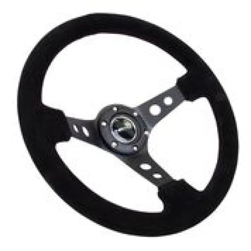 NRG Reinforced Steering Wheel (350mm / 3in. Deep) Blk Suede/Blk Stitch w/Black Circle Cutout Spokes - Detail View