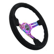 Load image into Gallery viewer, NRG Reinforced Steering Wheel (350mm / 3in. Deep) Blk Suede/Blk Stitch w/Neochrome Slits - Main Product View