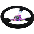 Load image into Gallery viewer, NRG Reinforced Steering Wheel (350mm / 3in. Deep) Blk Suede/Blk Stitch w/Neochrome Slits - Side View