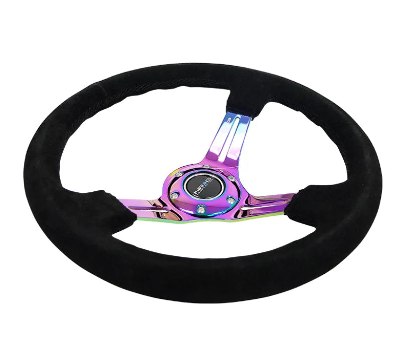 NRG Reinforced Steering Wheel (350mm / 3in. Deep) Blk Suede/Blk Stitch w/Neochrome Slits - Side View