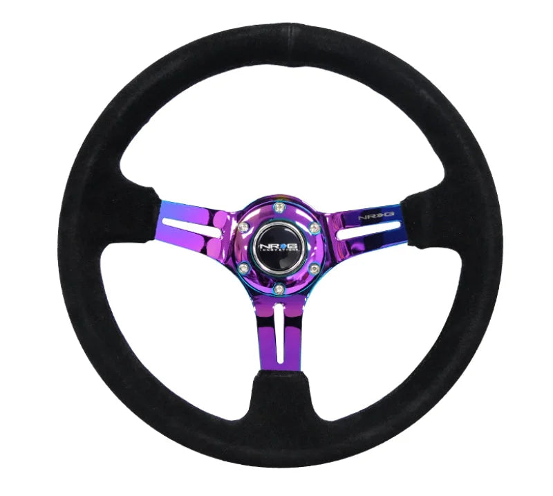 NRG Reinforced Steering Wheel (350mm / 3in. Deep) Blk Suede/Blk Stitch w/Neochrome Slits - Detail View