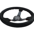 Load image into Gallery viewer, NRG Reinforced Steering Wheel (350mm / 3in. Deep) Blk Suede/Red BBall Stitch w/5mm Matte Blk Spokes - Side View
