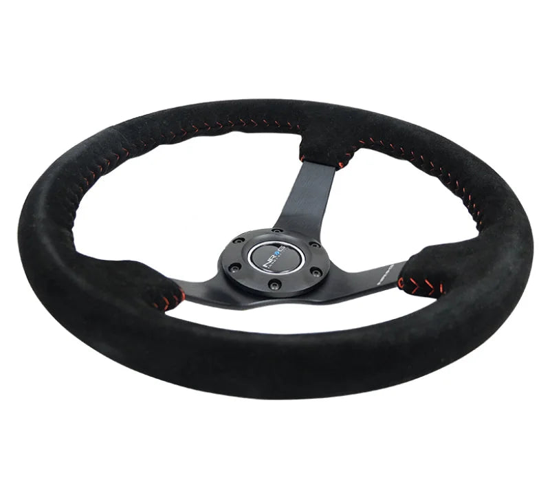 NRG Reinforced Steering Wheel (350mm / 3in. Deep) Blk Suede/Red BBall Stitch w/5mm Matte Blk Spokes - Side View