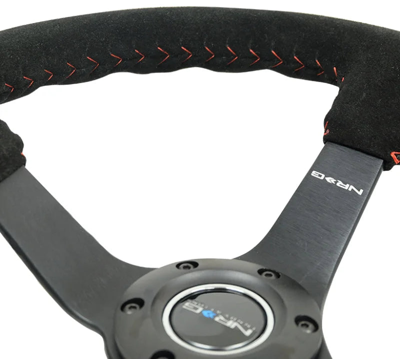 NRG Reinforced Steering Wheel (350mm / 3in. Deep) Blk Suede/Red BBall Stitch w/5mm Matte Blk Spokes - Back View