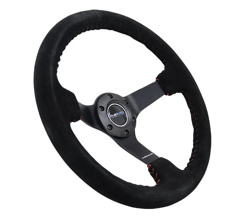 NRG Reinforced Steering Wheel (350mm / 3in. Deep) Blk Suede/Red BBall Stitch w/5mm Matte Blk Spokes - Additional View 5
