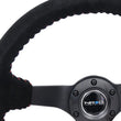 Load image into Gallery viewer, NRG Reinforced Steering Wheel (350mm / 3in. Deep) Blk Suede/Red BBall Stitch w/5mm Matte Blk Spokes - Additional View 6