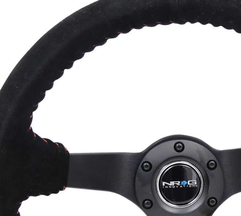 NRG Reinforced Steering Wheel (350mm / 3in. Deep) Blk Suede/Red BBall Stitch w/5mm Matte Blk Spokes - Additional View 6