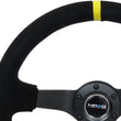 Load image into Gallery viewer, NRG Reinforced Steering Wheel (350mm / 3in. Deep) Blk Suede/X-Stitch w/5mm Blk Spoke &amp; Yellow CM - Side View