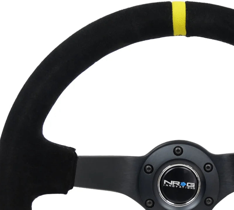 NRG Reinforced Steering Wheel (350mm / 3in. Deep) Blk Suede/X-Stitch w/5mm Blk Spoke & Yellow CM - Side View