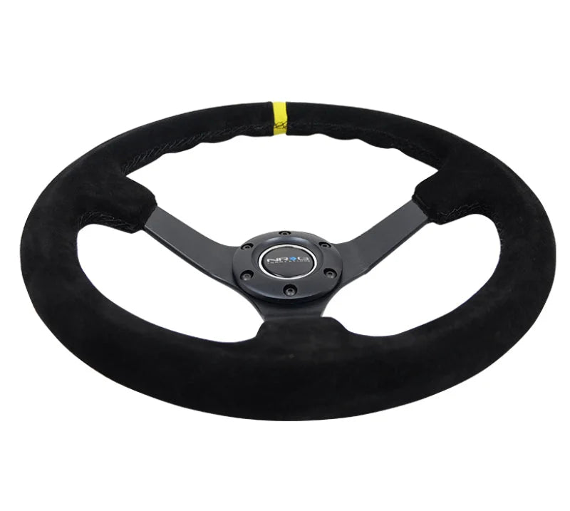 NRG Reinforced Steering Wheel (350mm / 3in. Deep) Blk Suede/X-Stitch w/5mm Blk Spoke & Yellow CM - Back View