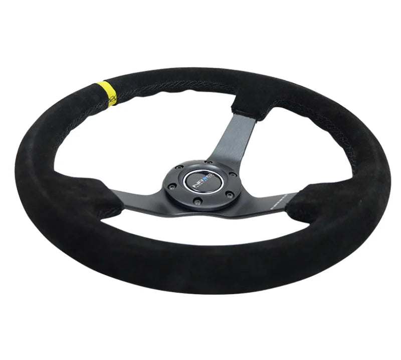 NRG Reinforced Steering Wheel (350mm / 3in. Deep) Blk Suede/X-Stitch w/5mm Blk Spoke & Yellow CM - Additional View 5