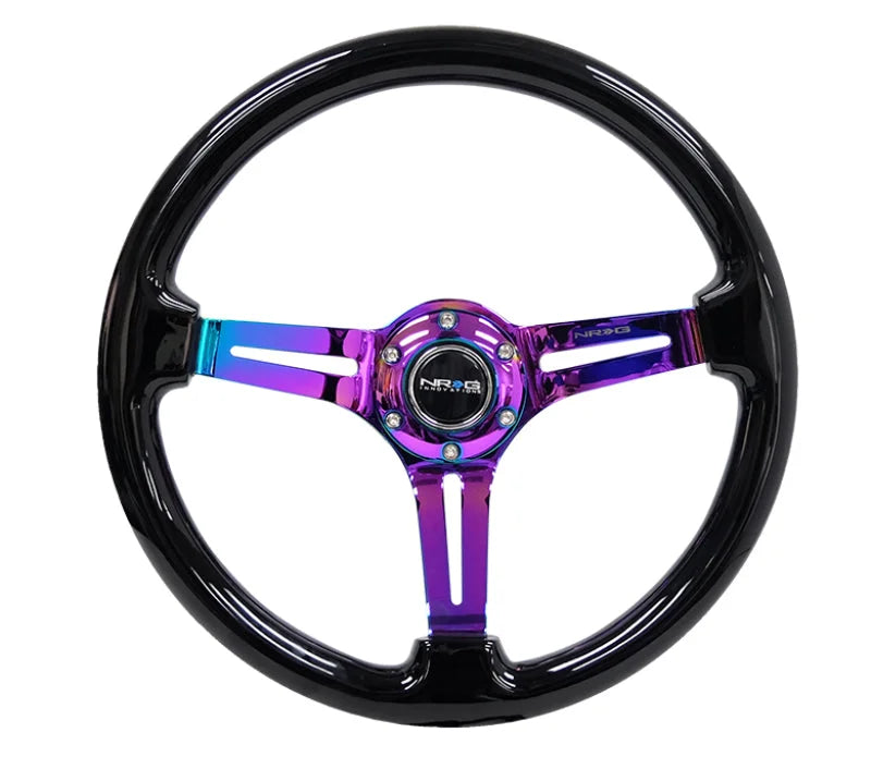 NRG Reinforced Steering Wheel (350mm / 3in. Deep) Blk Wood w/Blk Matte Spoke/Neochrome Center Mark - Side View