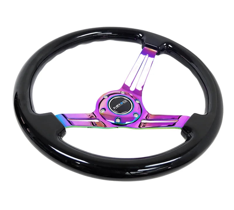 NRG Reinforced Steering Wheel (350mm / 3in. Deep) Blk Wood w/Blk Matte Spoke/Neochrome Center Mark - Detail View