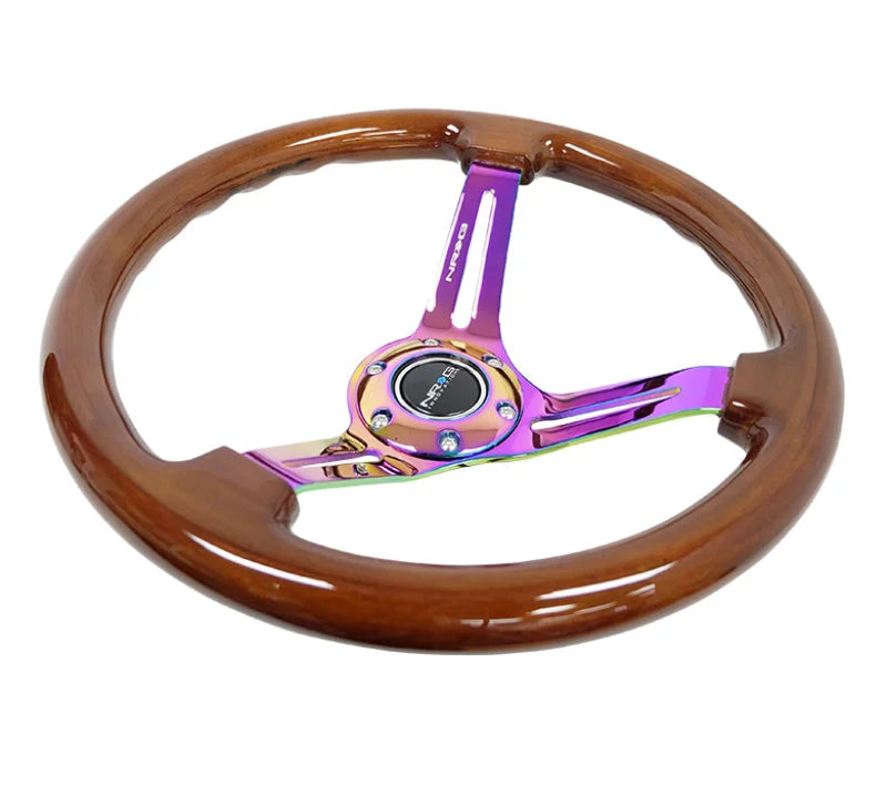 NRG Reinforced Steering Wheel (350mm / 3in. Deep) Brown Wood w/Blk Matte Spoke/Neochrome Center Mark - Side View