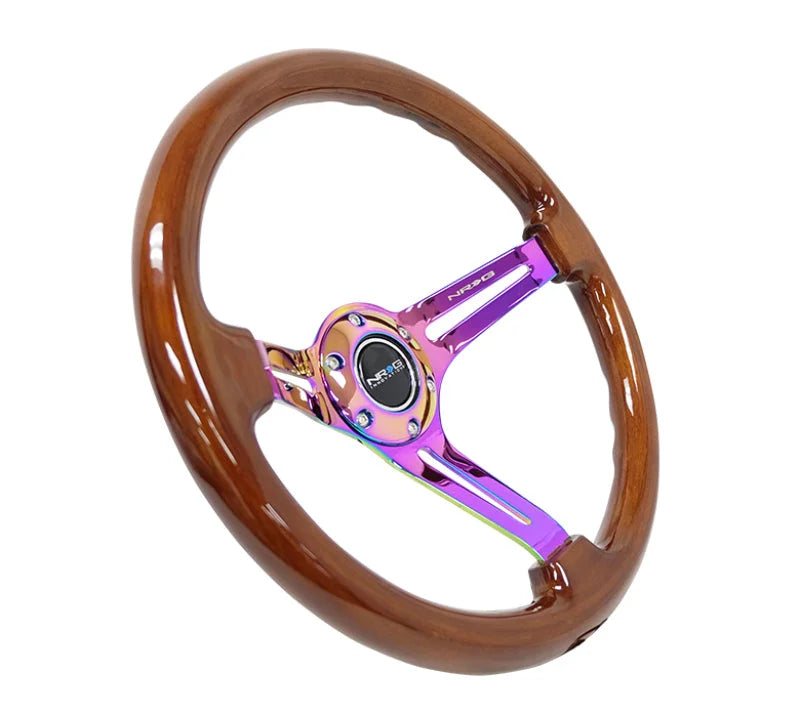 NRG Reinforced Steering Wheel (350mm / 3in. Deep) Brown Wood w/Blk Matte Spoke/Neochrome Center Mark - Detail View