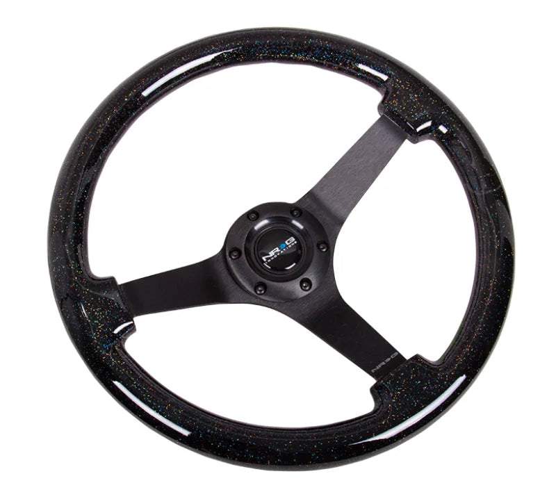 NRG Reinforced Steering Wheel (350mm / 3in Deep) Classic Blk Sparkle Wood Grain w/Blk 3-Spoke Center - Detail View