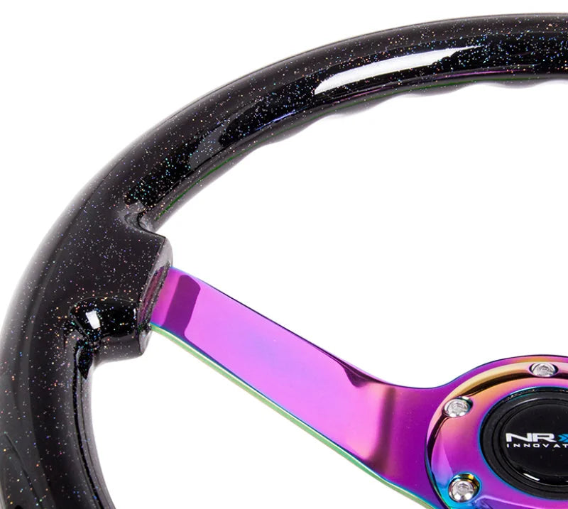 NRG Reinforced Steering Wheel (350mm / 3in. Deep) Classic Blk Sparkle w/4mm Neochrome 3-Spoke Center - Main Product View