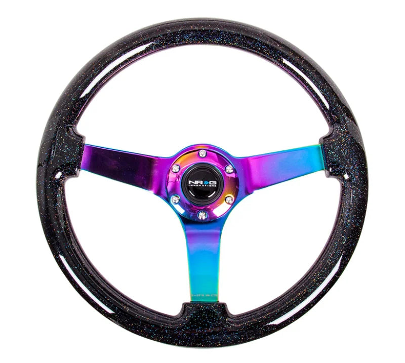 NRG Reinforced Steering Wheel (350mm / 3in. Deep) Classic Blk Sparkle w/4mm Neochrome 3-Spoke Center - Side View